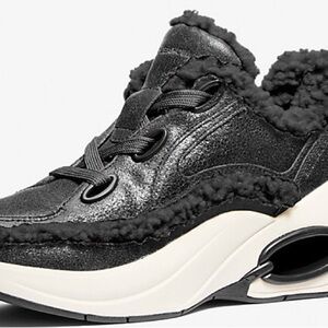 Michael Kors Black and White Sherpa and Distressed Leather Toni Trainer